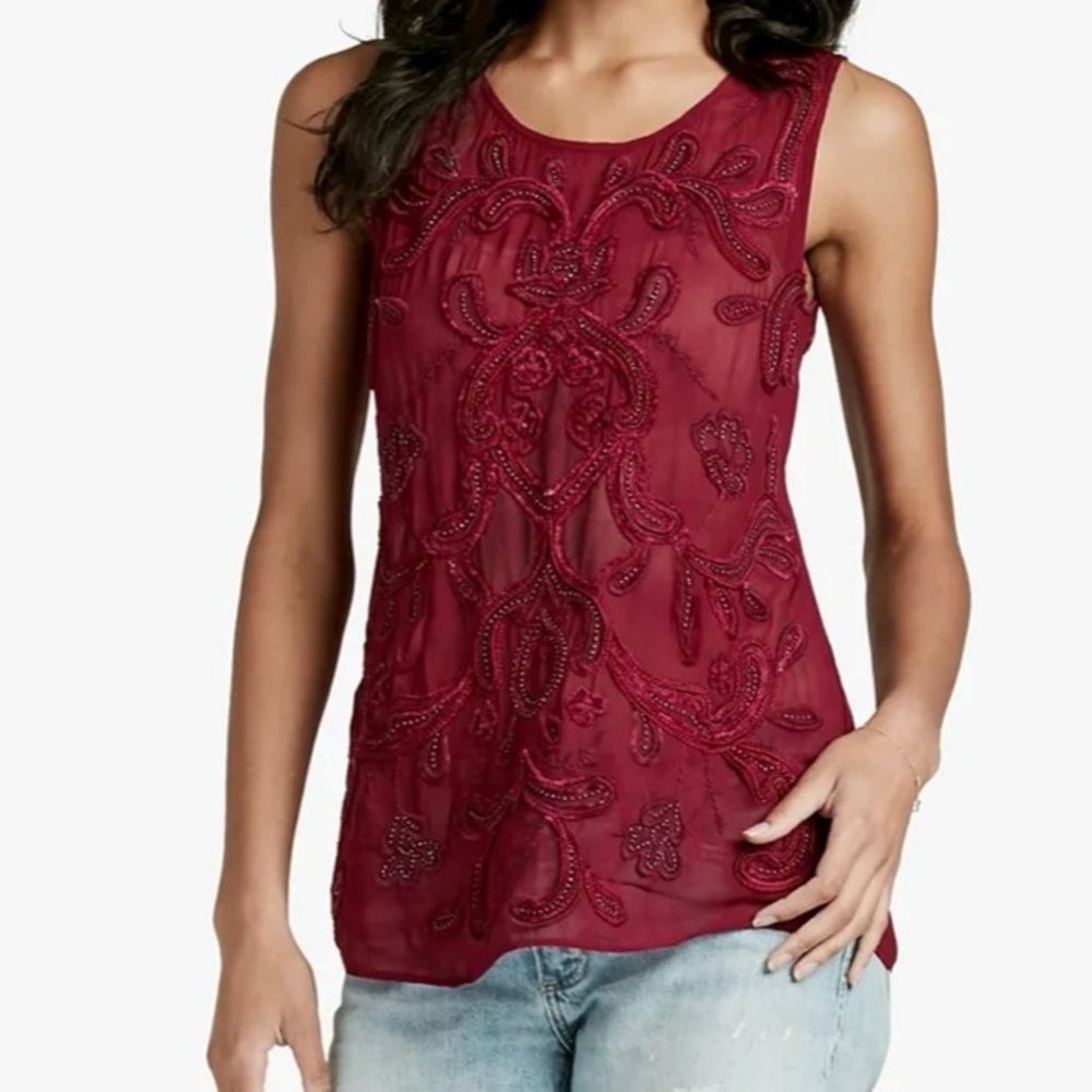 NWOT WOMENS LUCKY BRAND wine color Embroidered Sleeveless blouse size medium